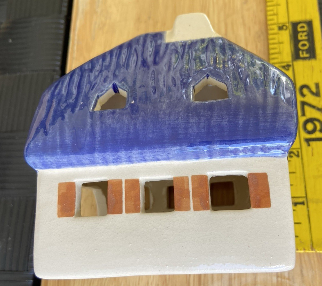 Set of 3 Vintage Ursula Leyk Tea Light Cottages`w/Blue Roofs~Dated 1985 and 1988