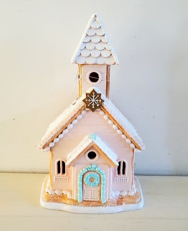 RAZ Christmas Light Up Pink Pinkmas Victorian Gingerbread Cookie Church Chapel