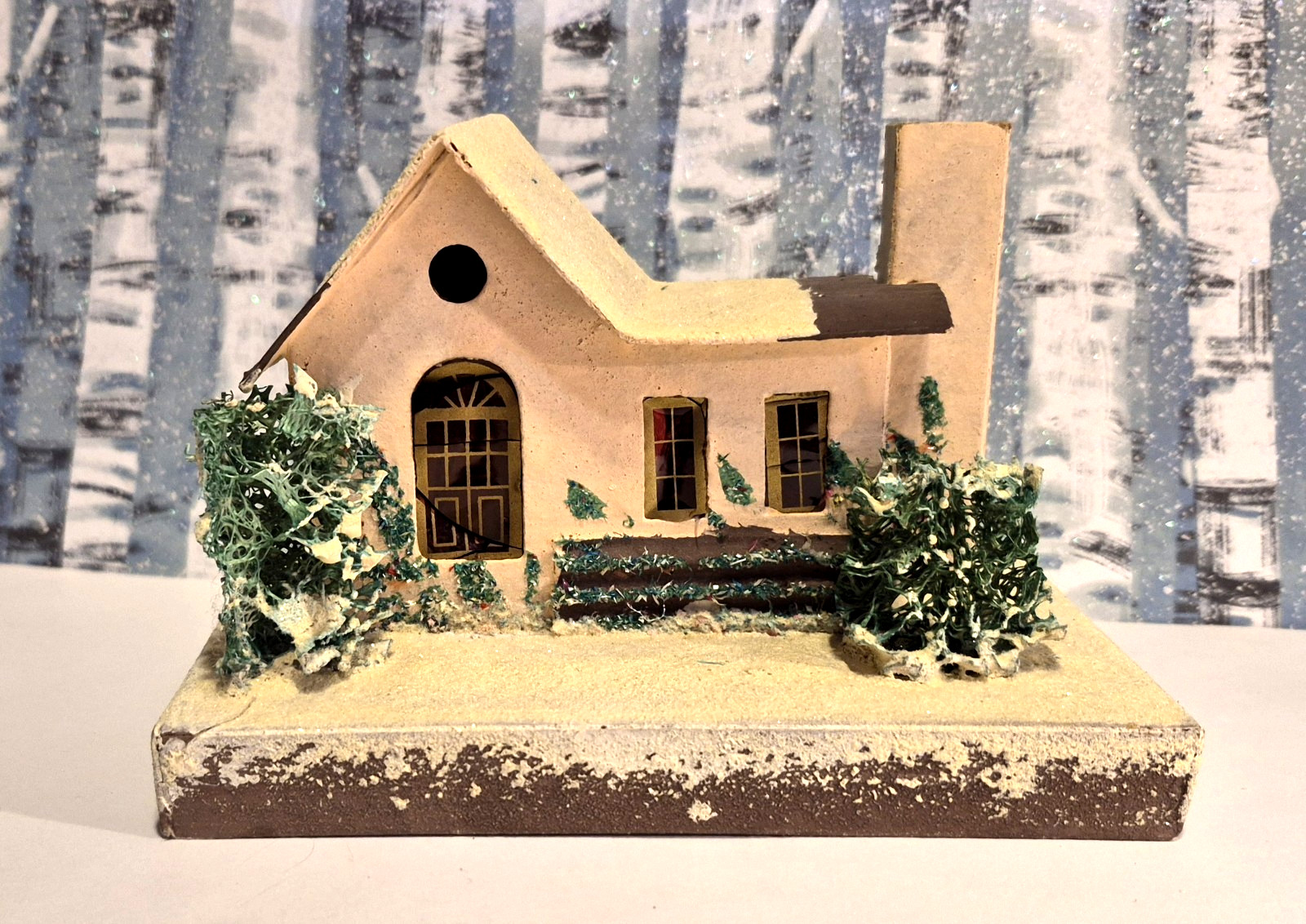 Vintage Putz House Christmas Cardboard House Tree Glitter #3