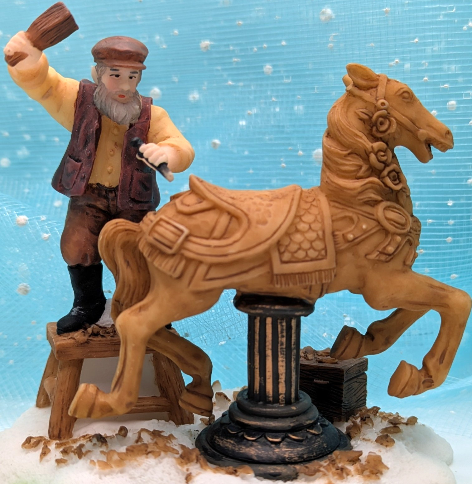 O’Well wood carver carousel horse Christmas Village Figurine partial pkg. INV561