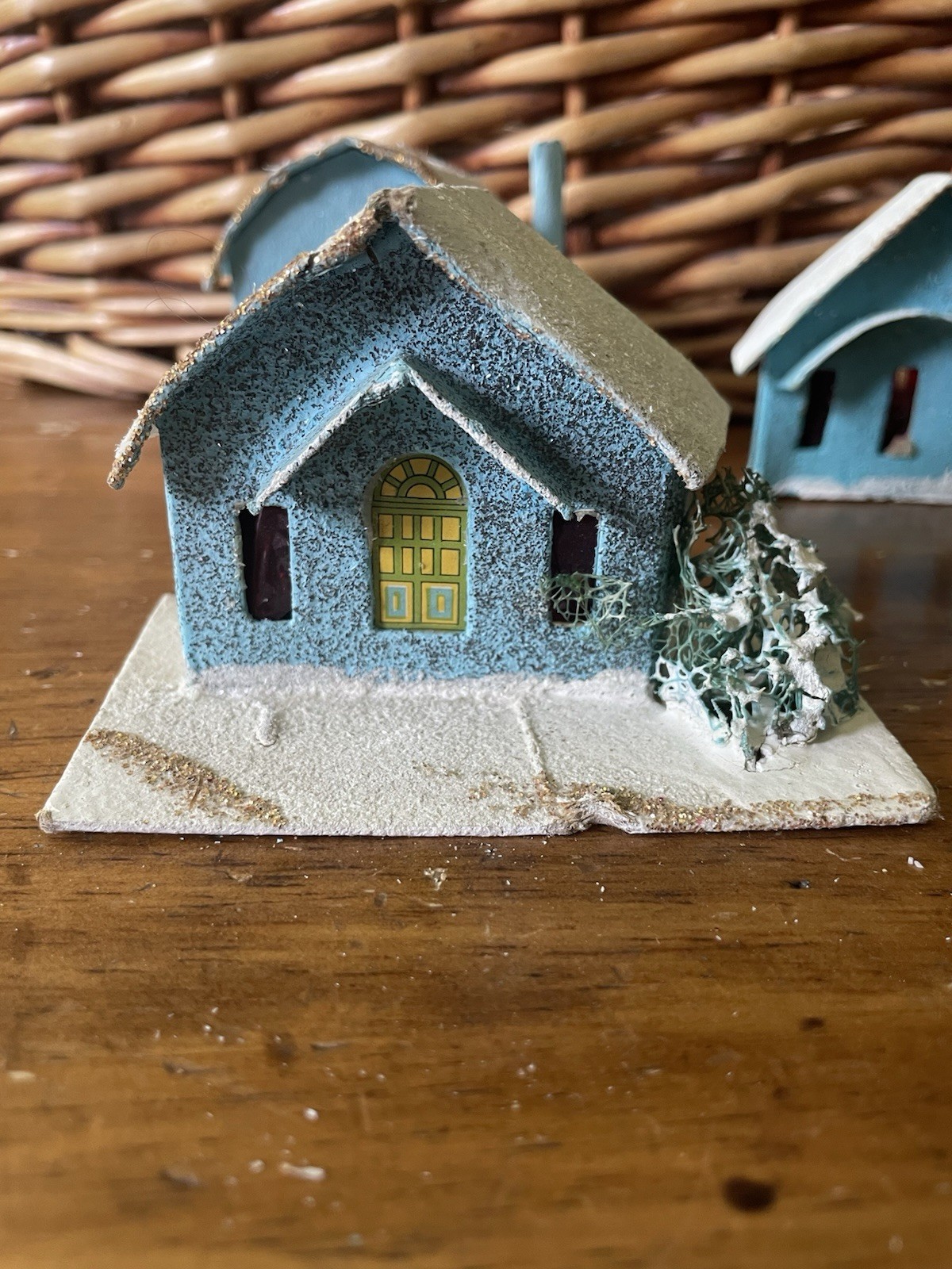 Vintage Lot 6 Japan Putz Cardboard Houses Miniature Church Village Mica
