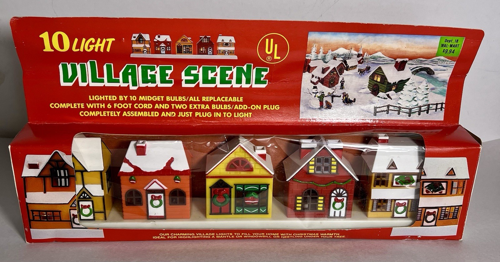 Vintage 10 Light Christmas Village Scene Houses Lighted Cottage Core In Box