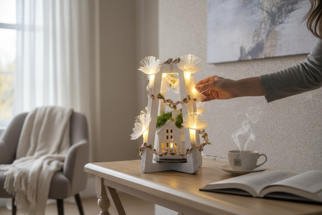 LED Hand Painted White Rustic Village House Display Seasonal Decor