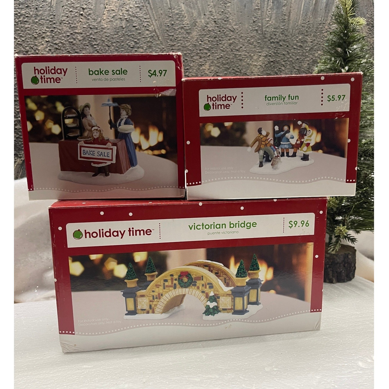 Holiday Time Christmas Village Lot 3 Victorian Bridge Bake Sale Family Fun Boxed