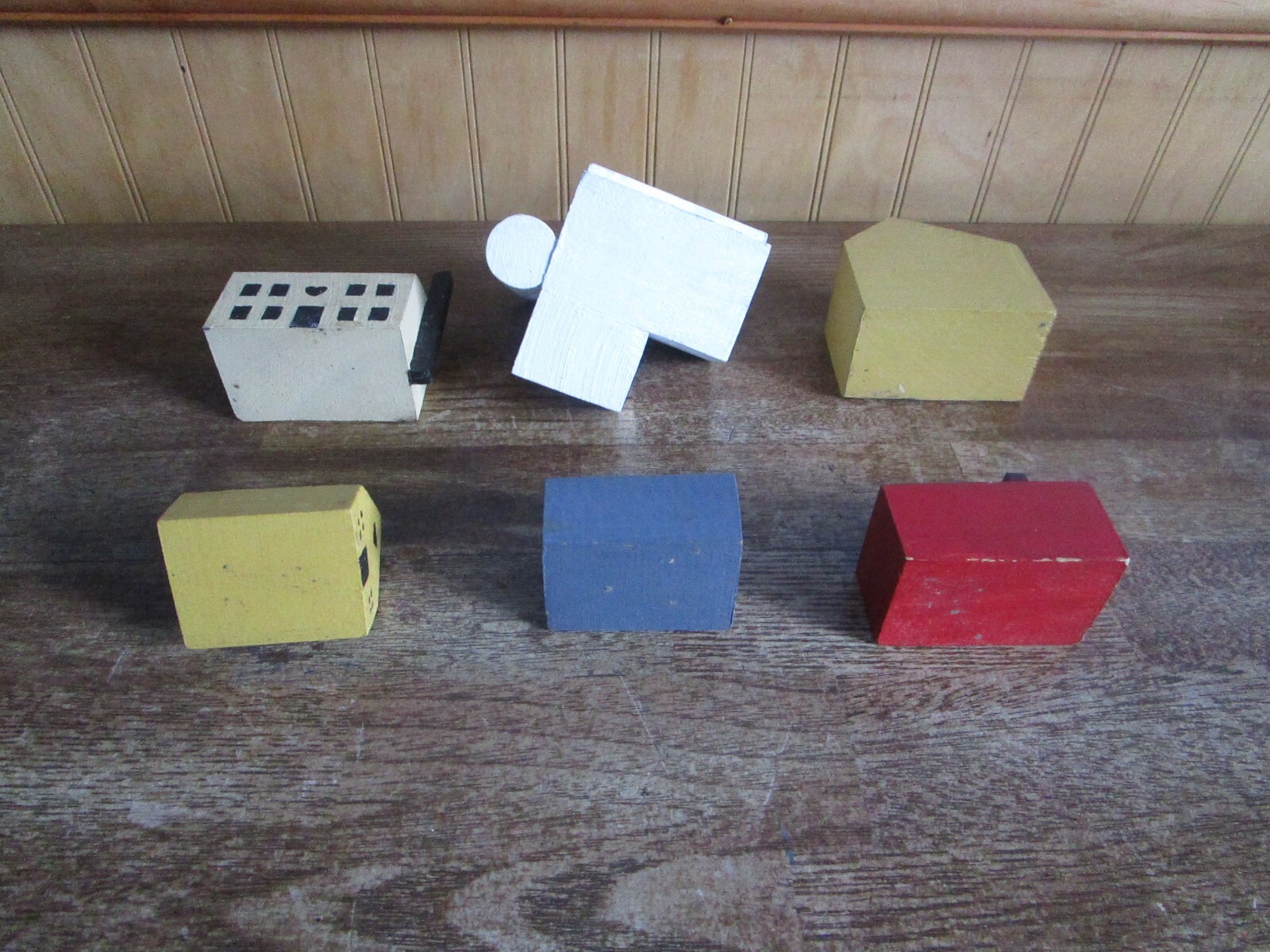 One Barn & Five Handmade Wood Block Houses, Christmas Village