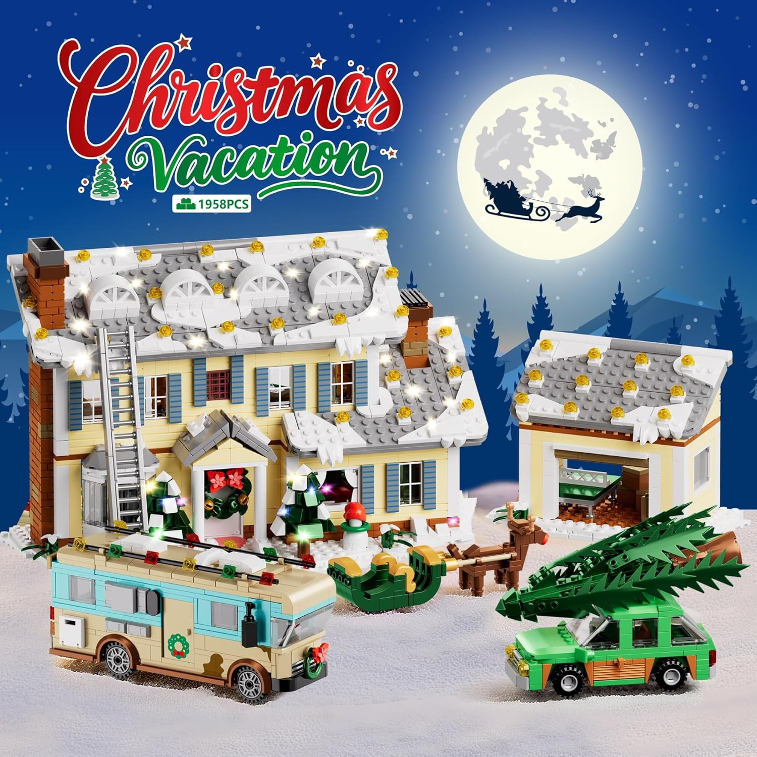 Christmas Holiday House Building Set, 5 in 1 Model Buildings Kits Snow Village &
