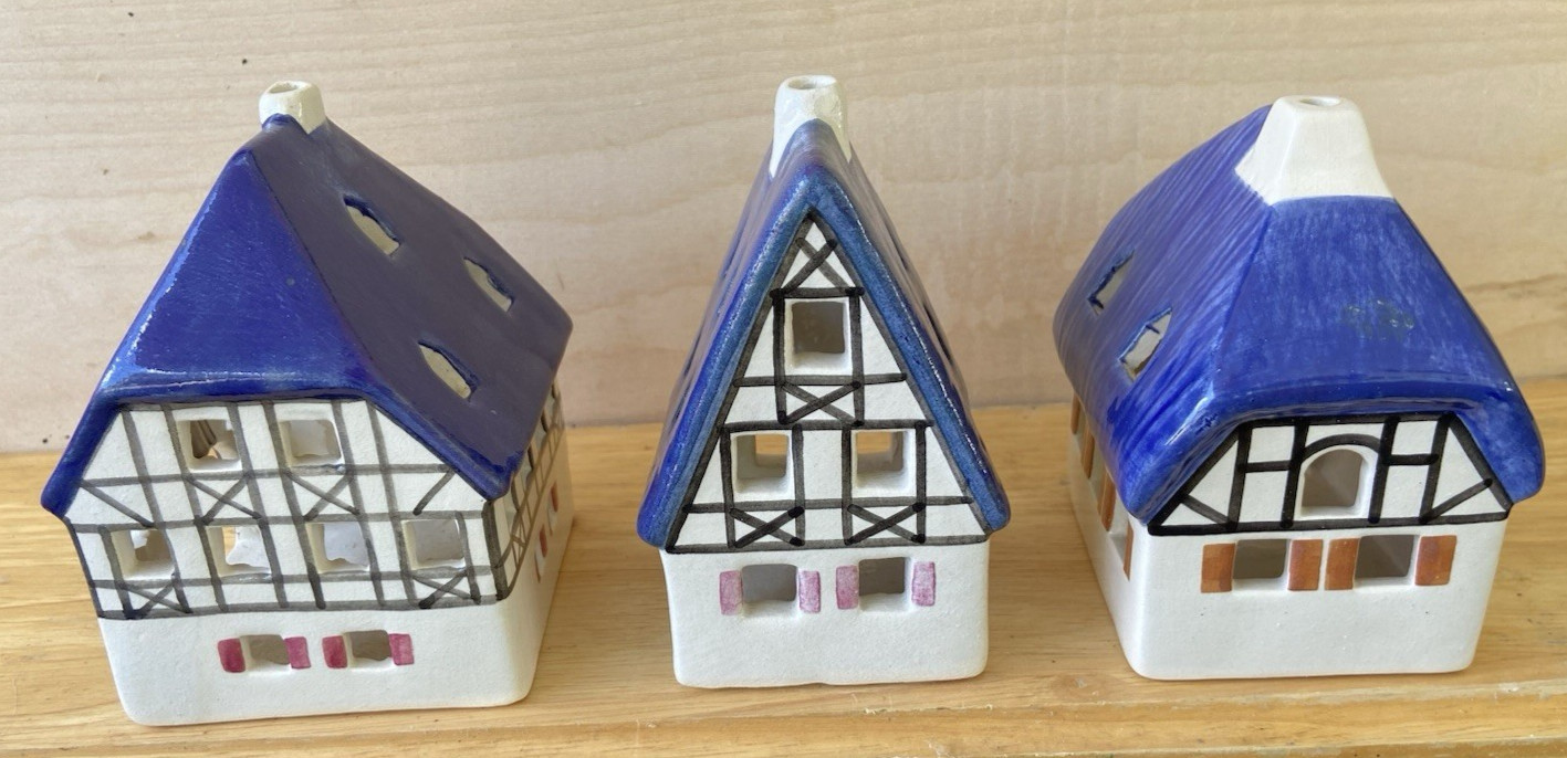 Set of 3 Vintage Ursula Leyk Tea Light Cottages`w/Blue Roofs~Dated 1985 and 1988
