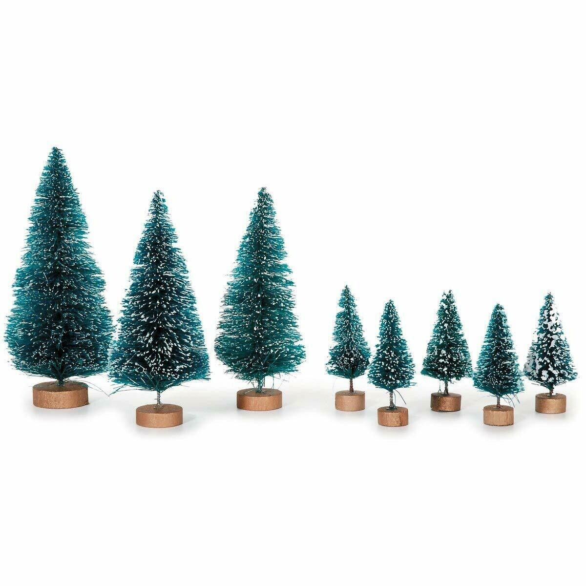 Set 8 Mini Green Sisal Bottle Brush CHRISTMAS Trees w/ Snow Frost Village Putz