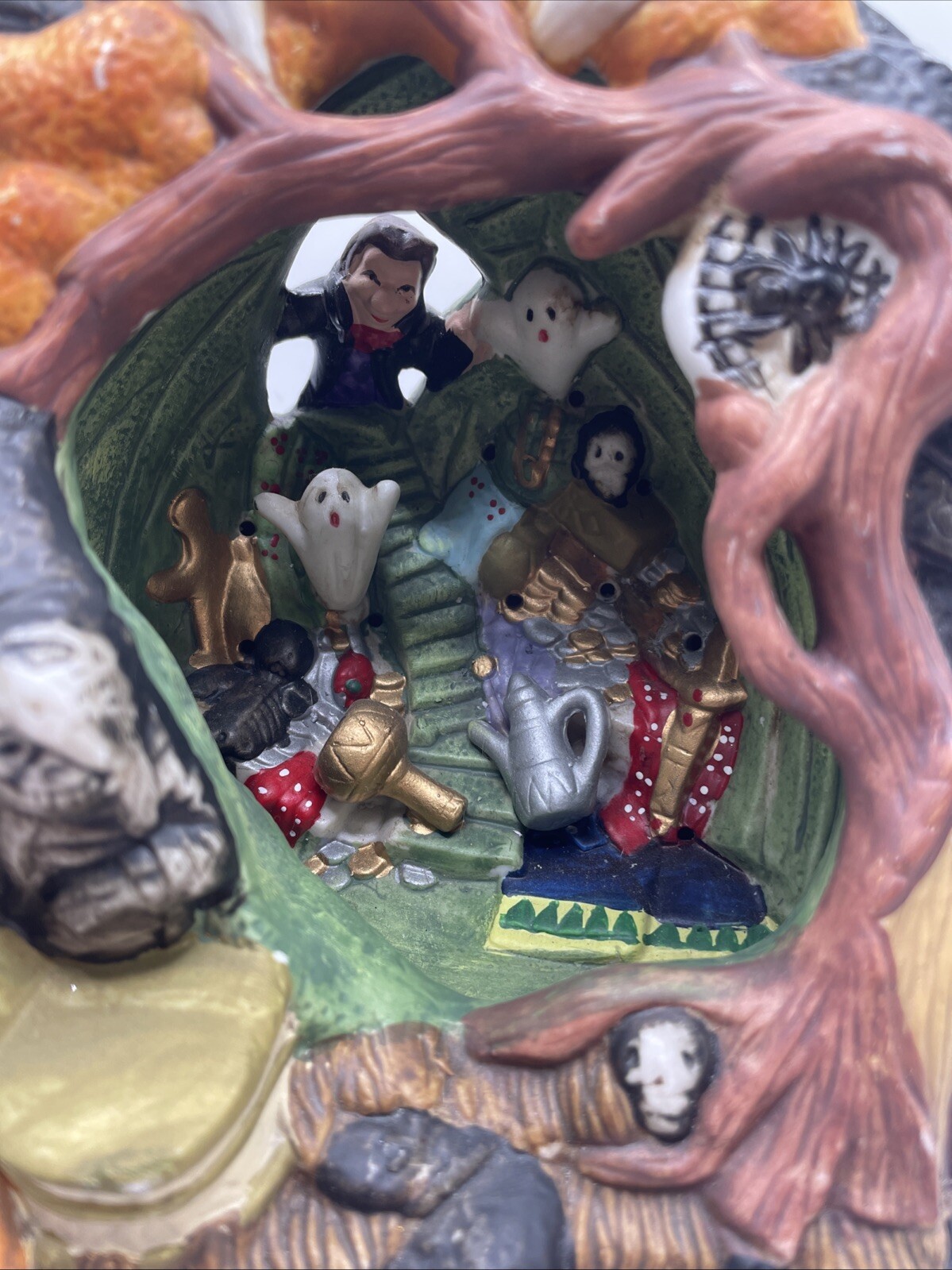 Vintage Halloween Village Ceramic Cave Treasure Ghost Spooky Mummy