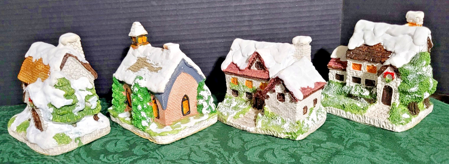 4 Vintage Hand Painted Plaster Snow Houses -TAIWAN -4″high StartYour own village