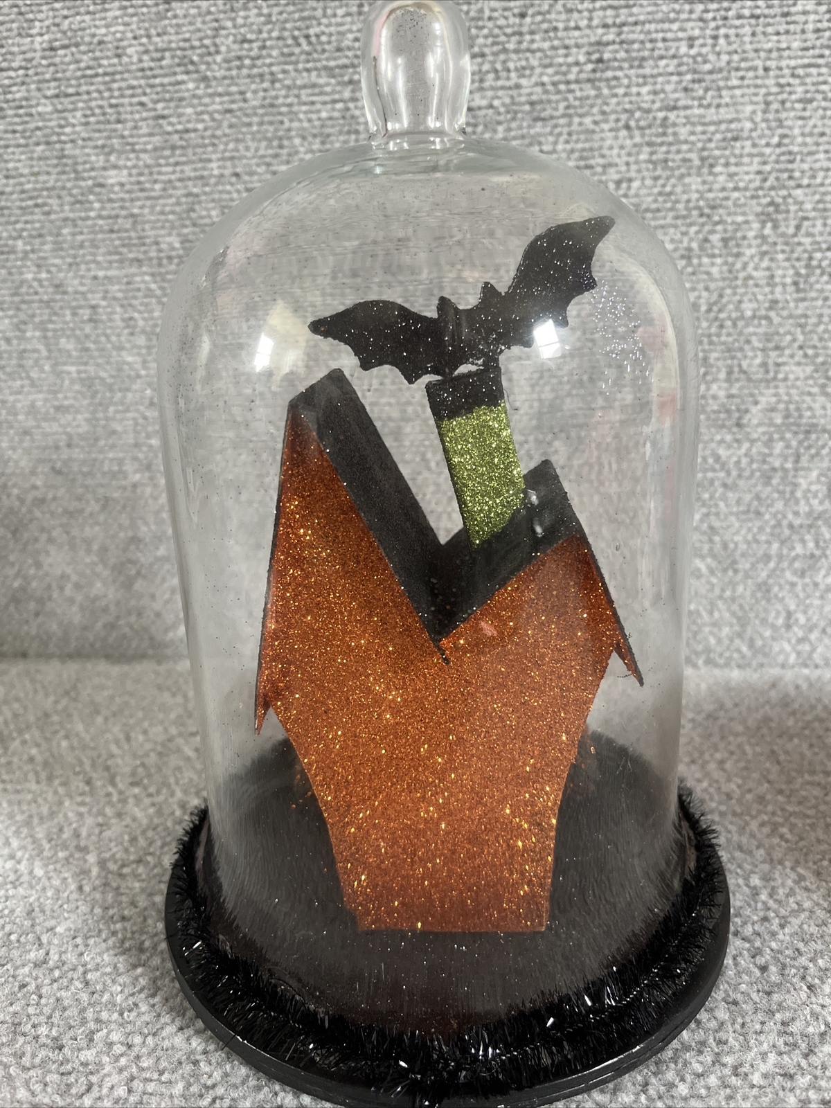 Halloween Haunted Glitter Lighted House Glass Cloche LED Bat Graveyard Tombstone