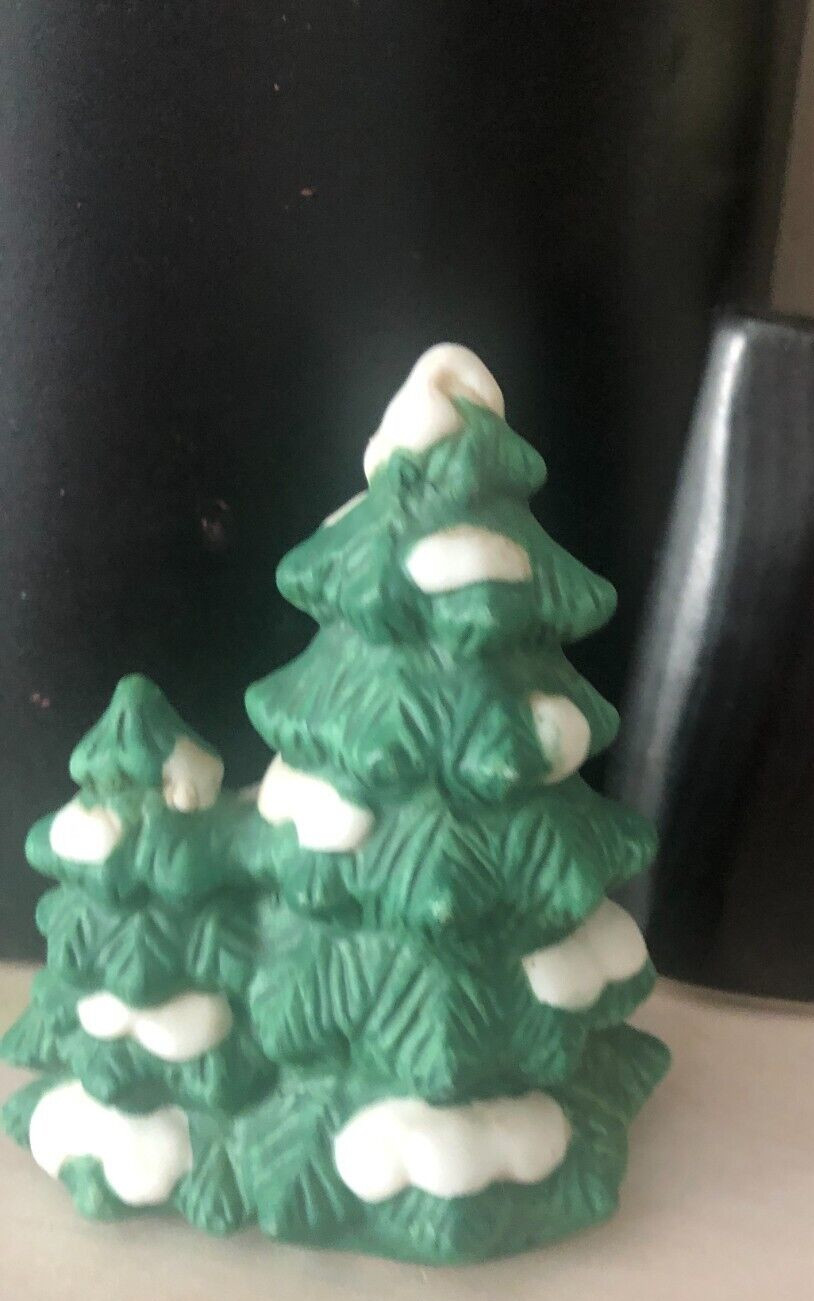 Vtg SM XMAS VILLAGE CERAMIC Bisque Double 2 TREES Snow Covered Figurine Green