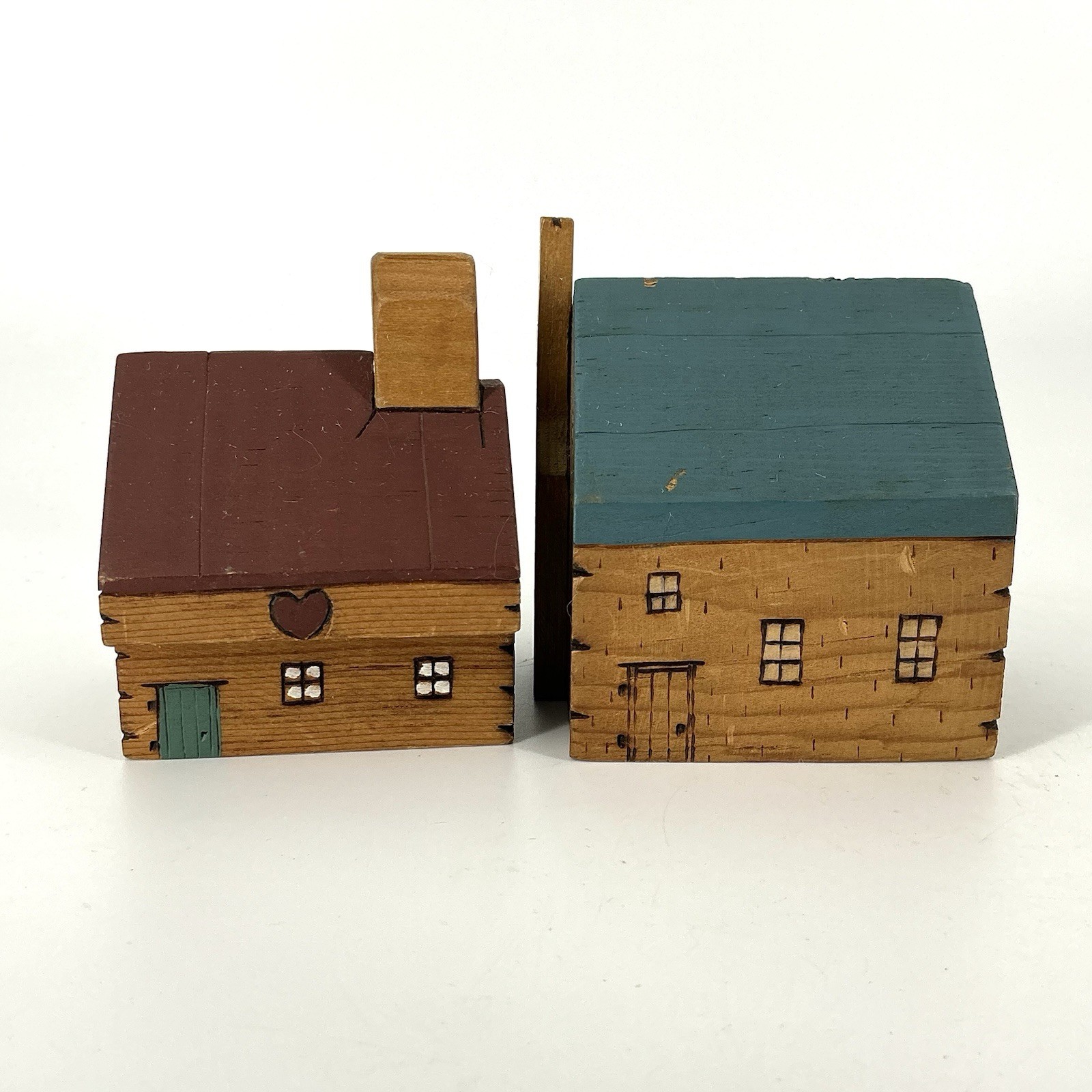 Primitive Wooden Block Houses Village Pyrography Folk Art Miniature Set Of 7