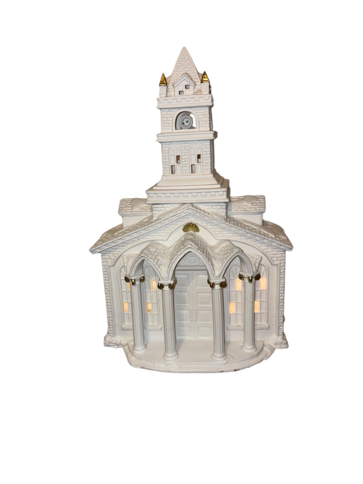 Grandeur Noel White Porcelain Lighted Church Gold Accent Christmas Vtg 1997