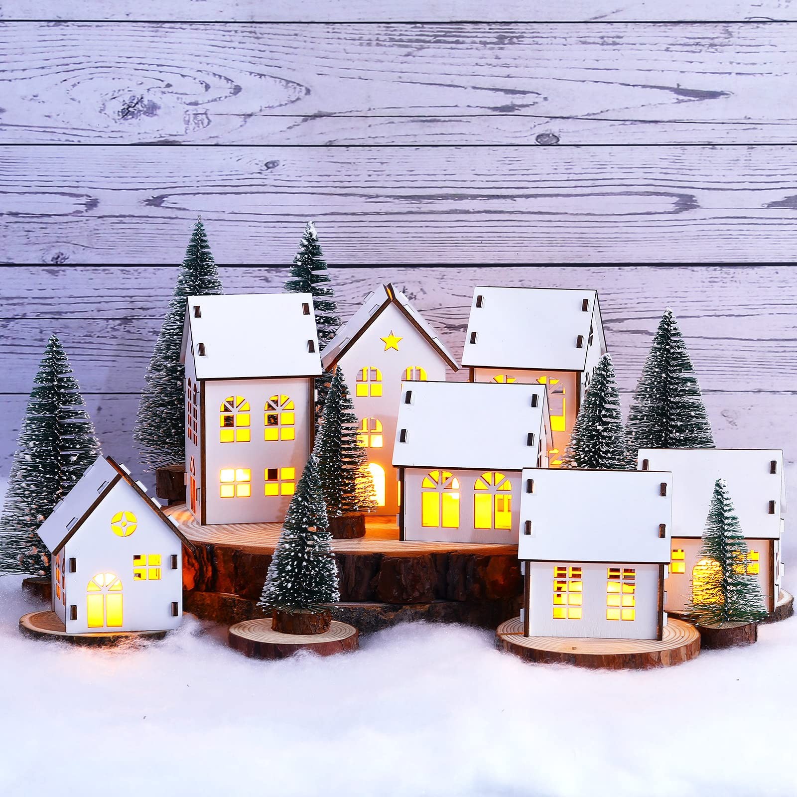 Winter Village Kit DIY White Wood Village Houses Mini Tree Farmhouse Winter C…