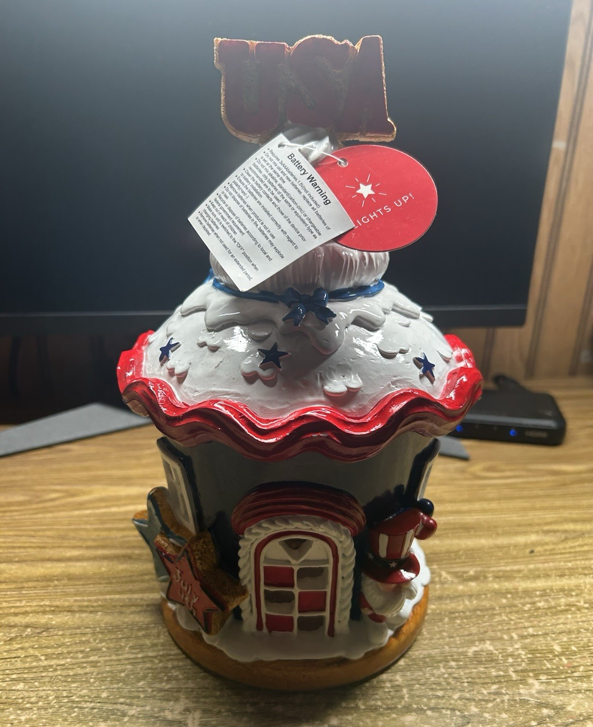 Illuminated Ceramic Patriotic Cupcake Village House Decor Stars July 4th