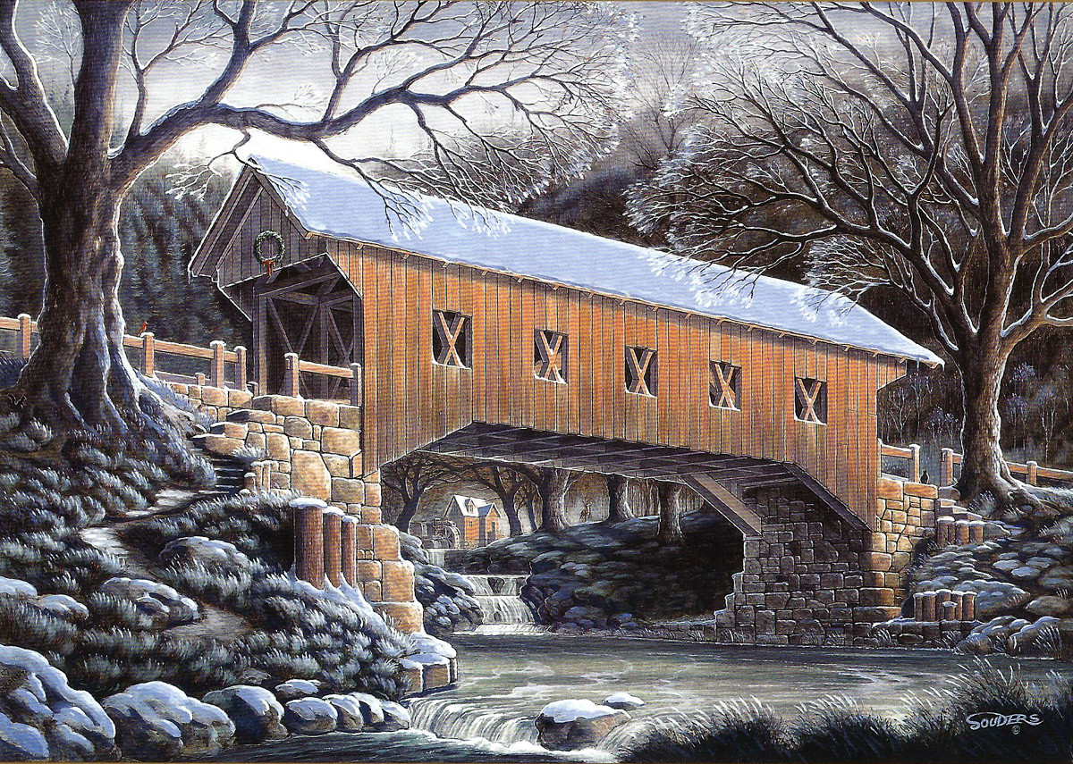 Christmas Covered Bridge Grist Mill Holiday Matted Art Print Hand SIGNED Souders