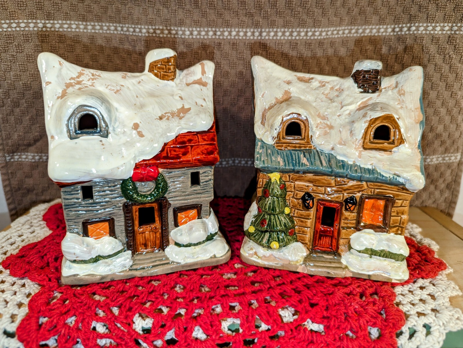 Christmas Village Houses Set Of Two Vintage Painted Taiwan, Can Be Lighted CUTE!