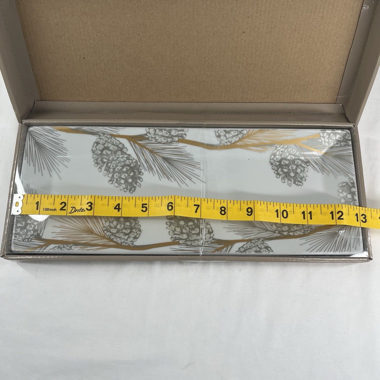 St Nicholas Square Pine Cone Treat Tray 13″ x 5″ White Rectangle in Box
