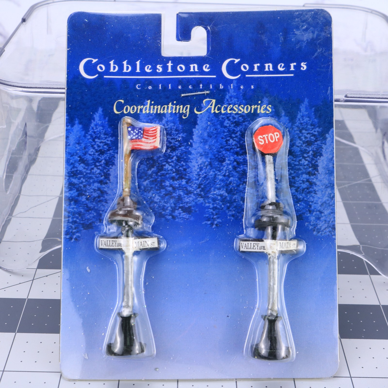 Cobblestone Corners Set of 2 Miniature Street Signs Stop Sign American Flag Pole