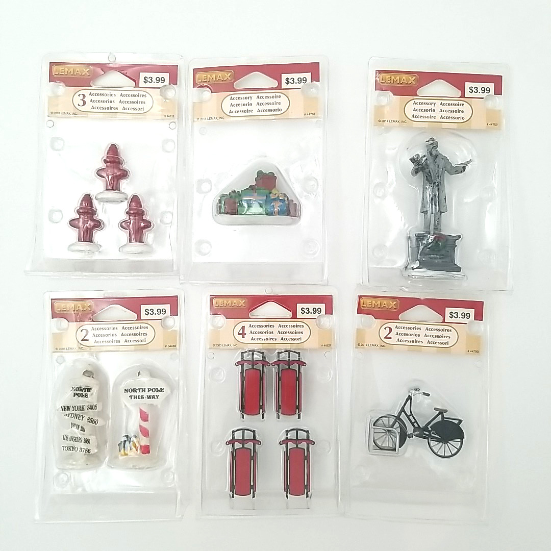 Lot of 6 Assorted Lemax Accessories Christmas Village Charles Dickens, Bicycle..