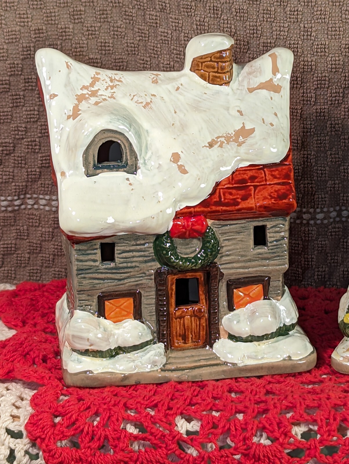 Christmas Village Houses Set Of Two Vintage Painted Taiwan, Can Be Lighted CUTE!