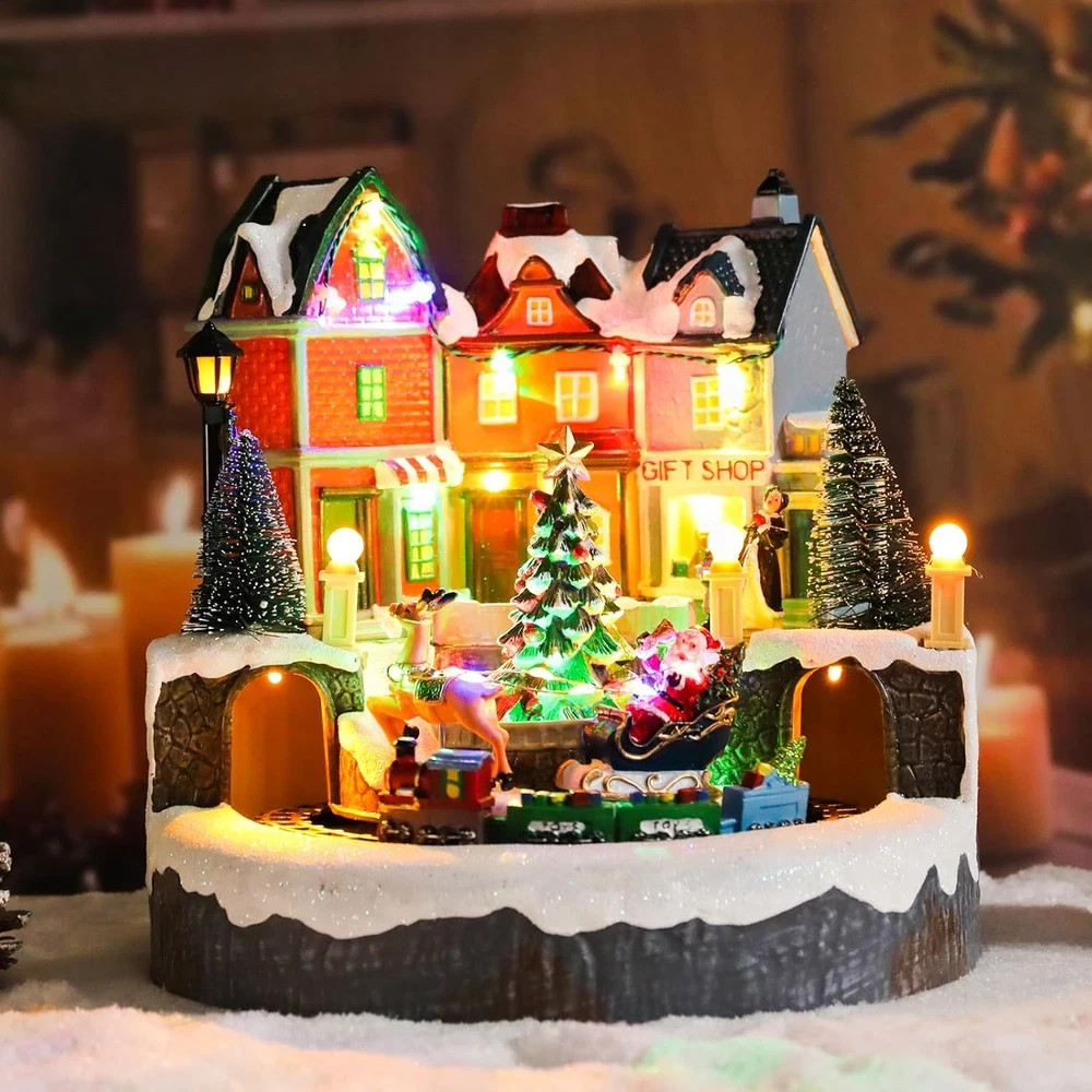 Animated 9″ Christmas Village Train Set with Music & Lights for Holiday Decor