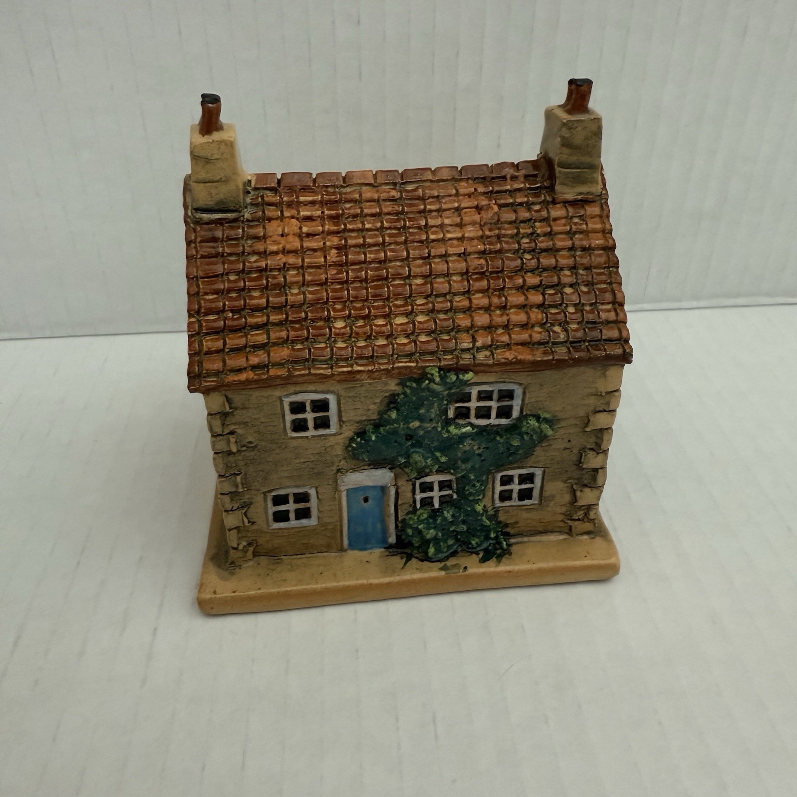 Handmade miniature Ceramic Stone Cottage with 2 Chimneys Tile Roof Signed 4″ H