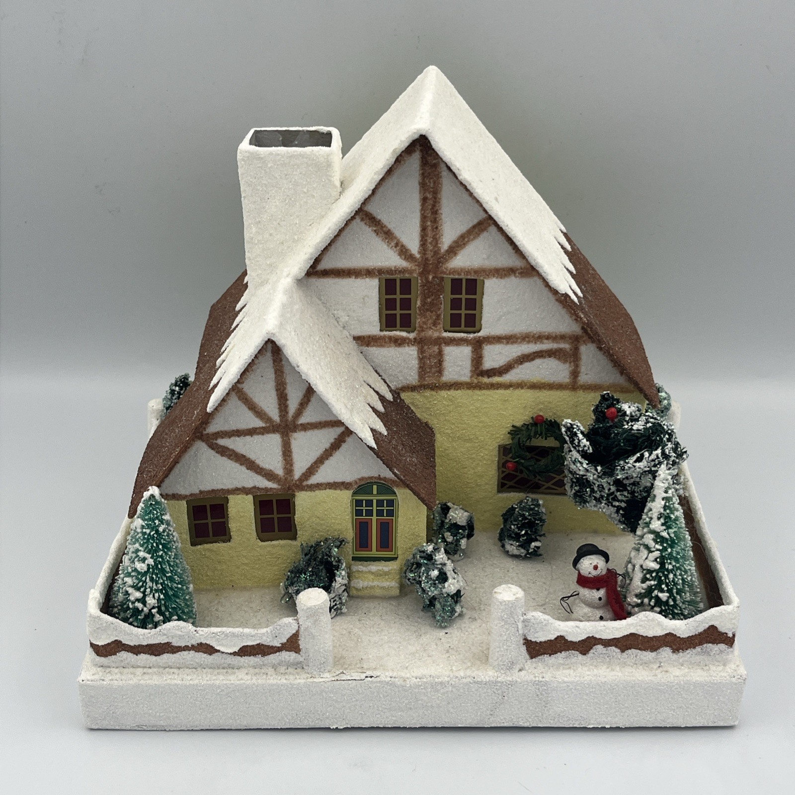 Christopher Radko Shiny Brite Yellow Tudor Putz House Snowman Sparkle Town