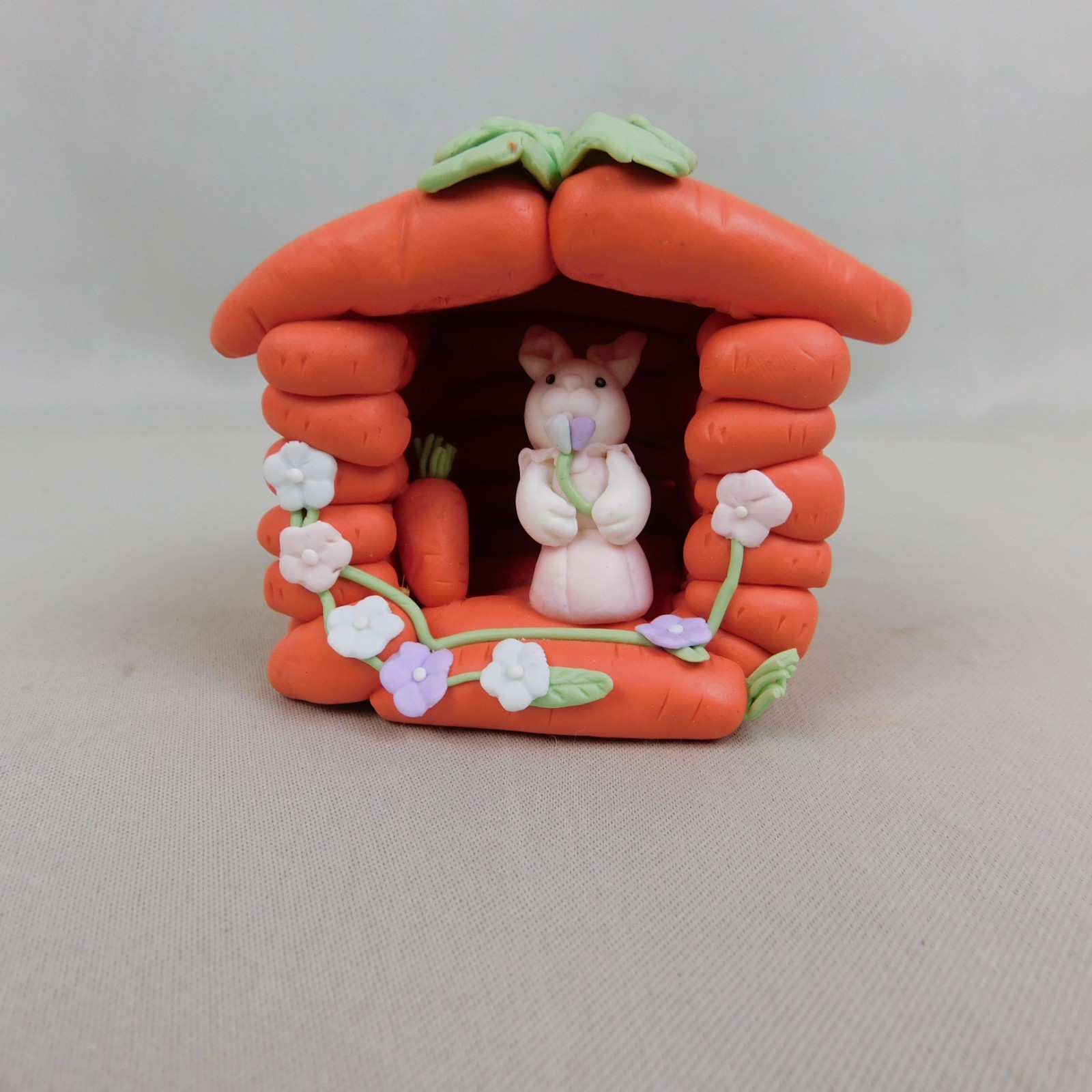 2pc Set Polymer Clay Carrot House Cabins & Easter Bunny Figurines