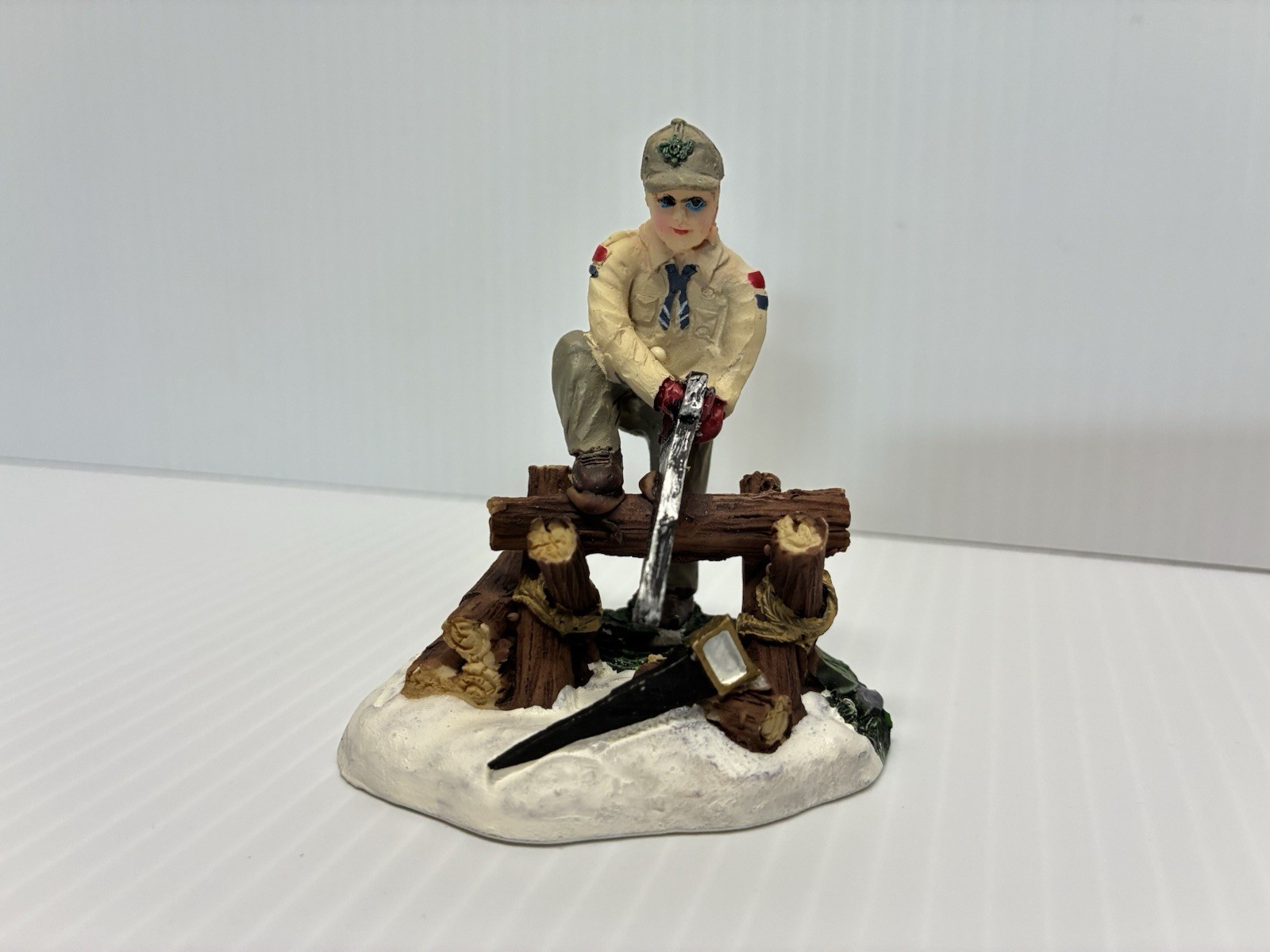 Boy Scouts on Fence, Sawing Wood Christmas Village Accessories Figurine 2013 BSA