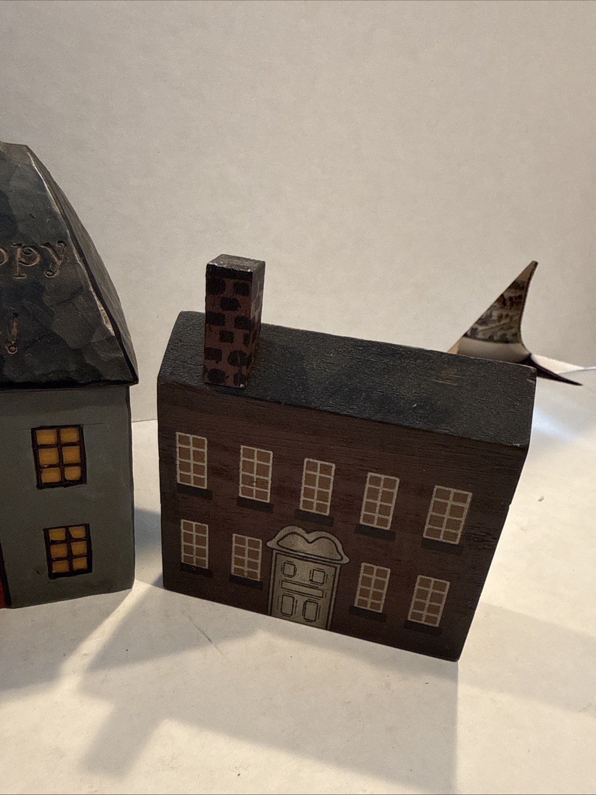 Primitive Folk Art Wood Block Village Houses Barn Set Of 3 Handmade