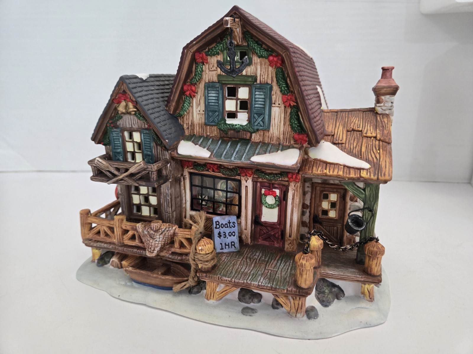 Harborside Village Porcelain Lighted Boat Dock House Limited Ed. FREE SHIPPING