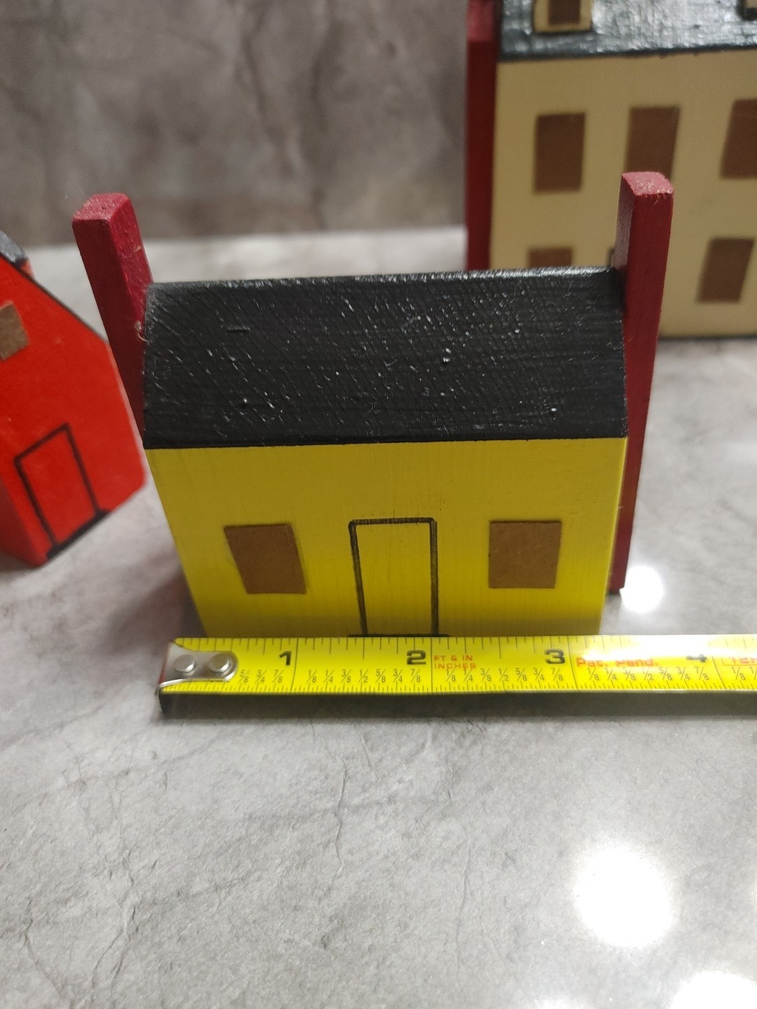 Primitive Folk Art Wood Block Village Houses Set Of 7 Handmade Painted Buildings
