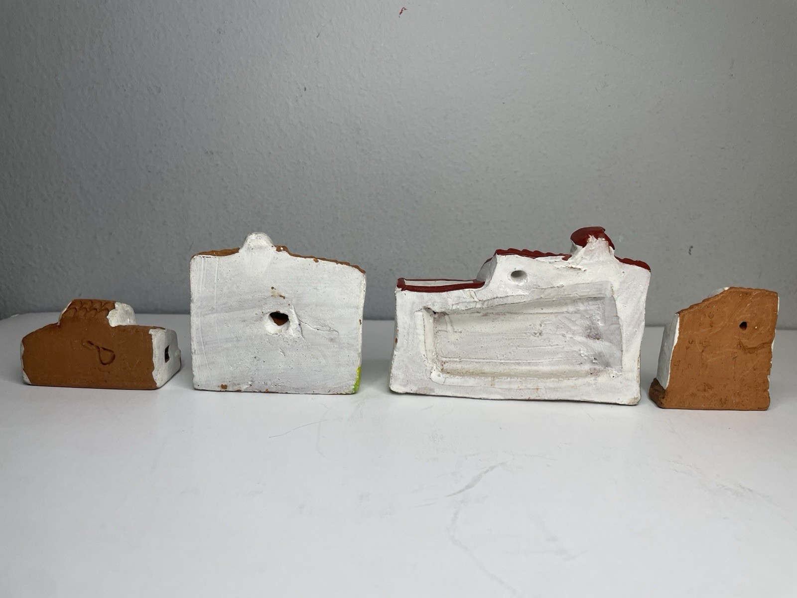 Set Of 4 Spanish Terracotta Miniature Hand Painted Pottery Buildings/Houses