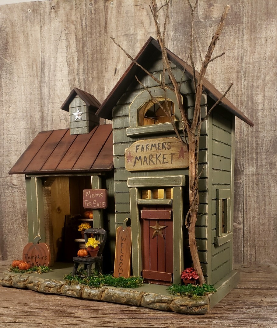 Primitive Handmade Lighted Wooden Farmers Market House Fall Decor FolkArt