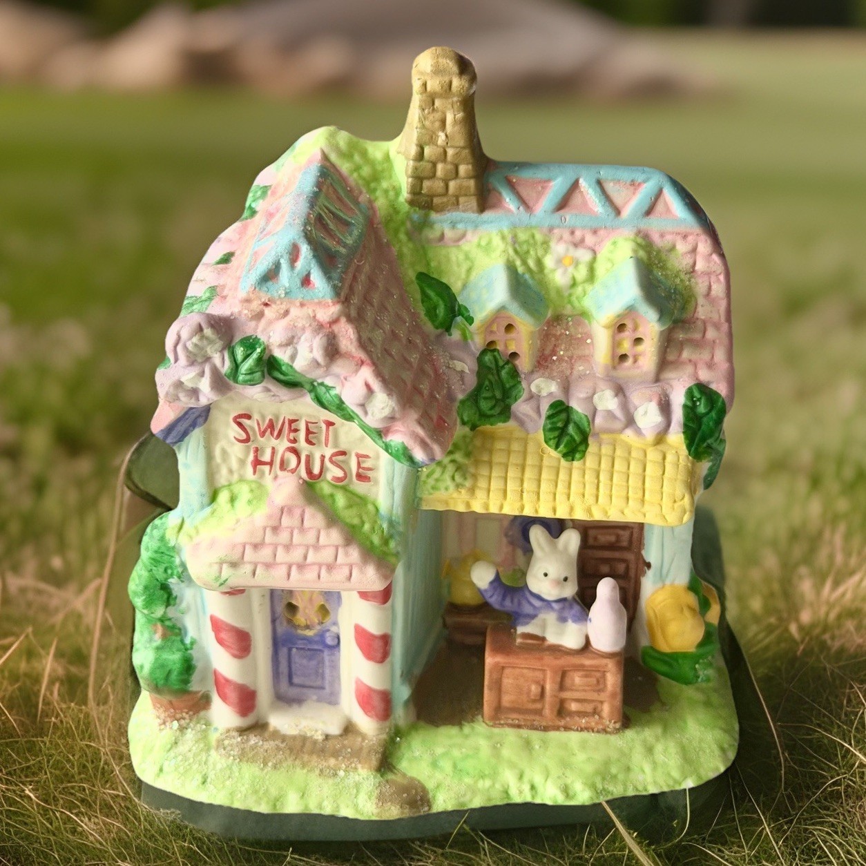 Vtg Hoppy Hollow “Sweet House” 2004 Porcelain Easter Bunny Rabbit Village House