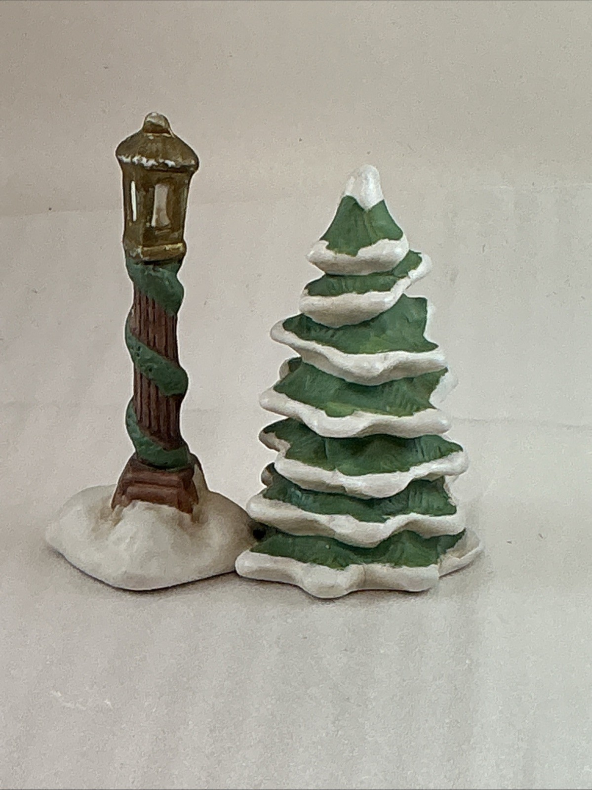 Vintage Ceramic Pine Tree & Lantern Figurine, Christmas Village 1990s – 4” High