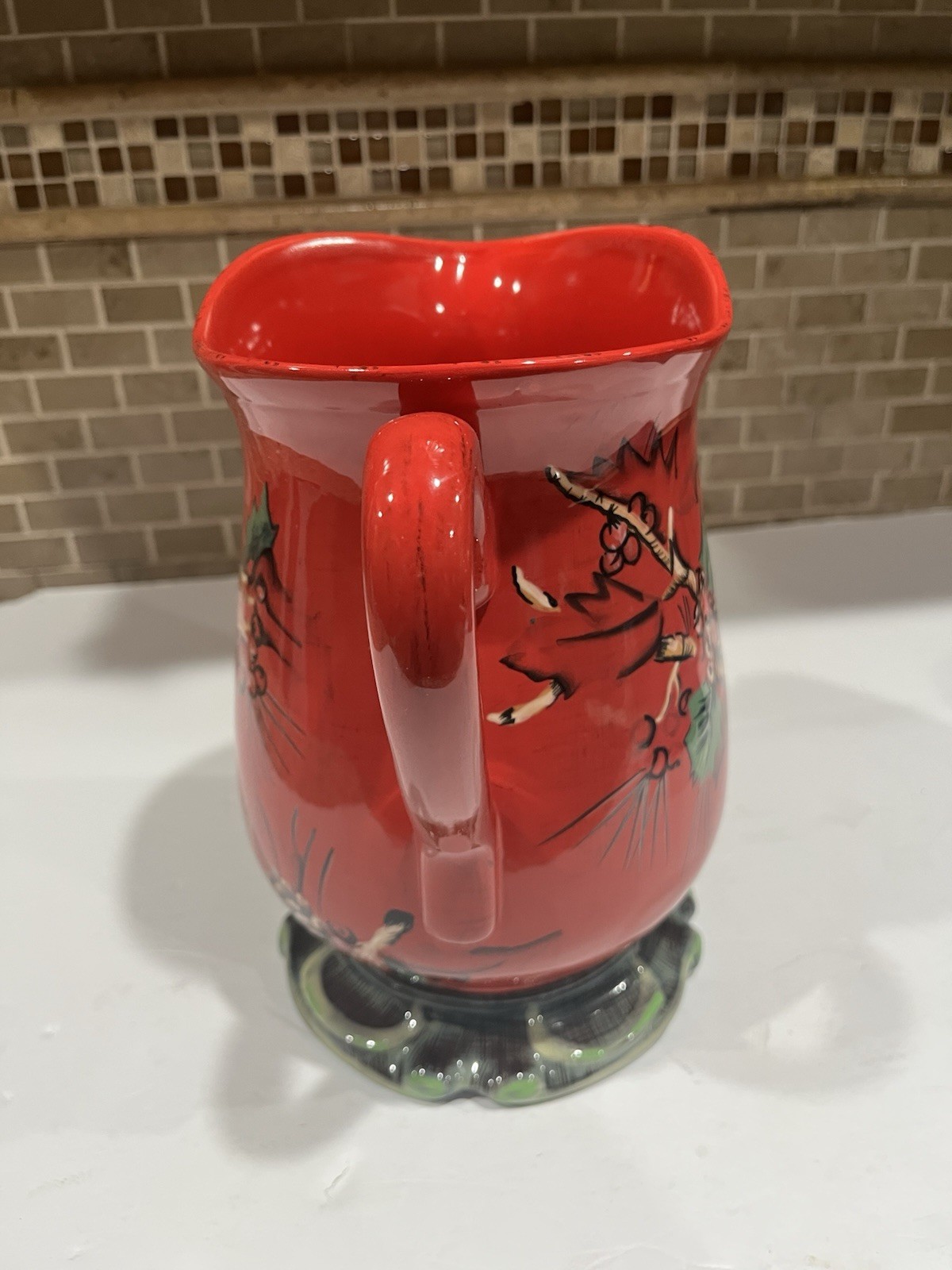 Tracy Porter Winter Collection Ceramics LARGE Pitcher Red Hand Painted Leaves