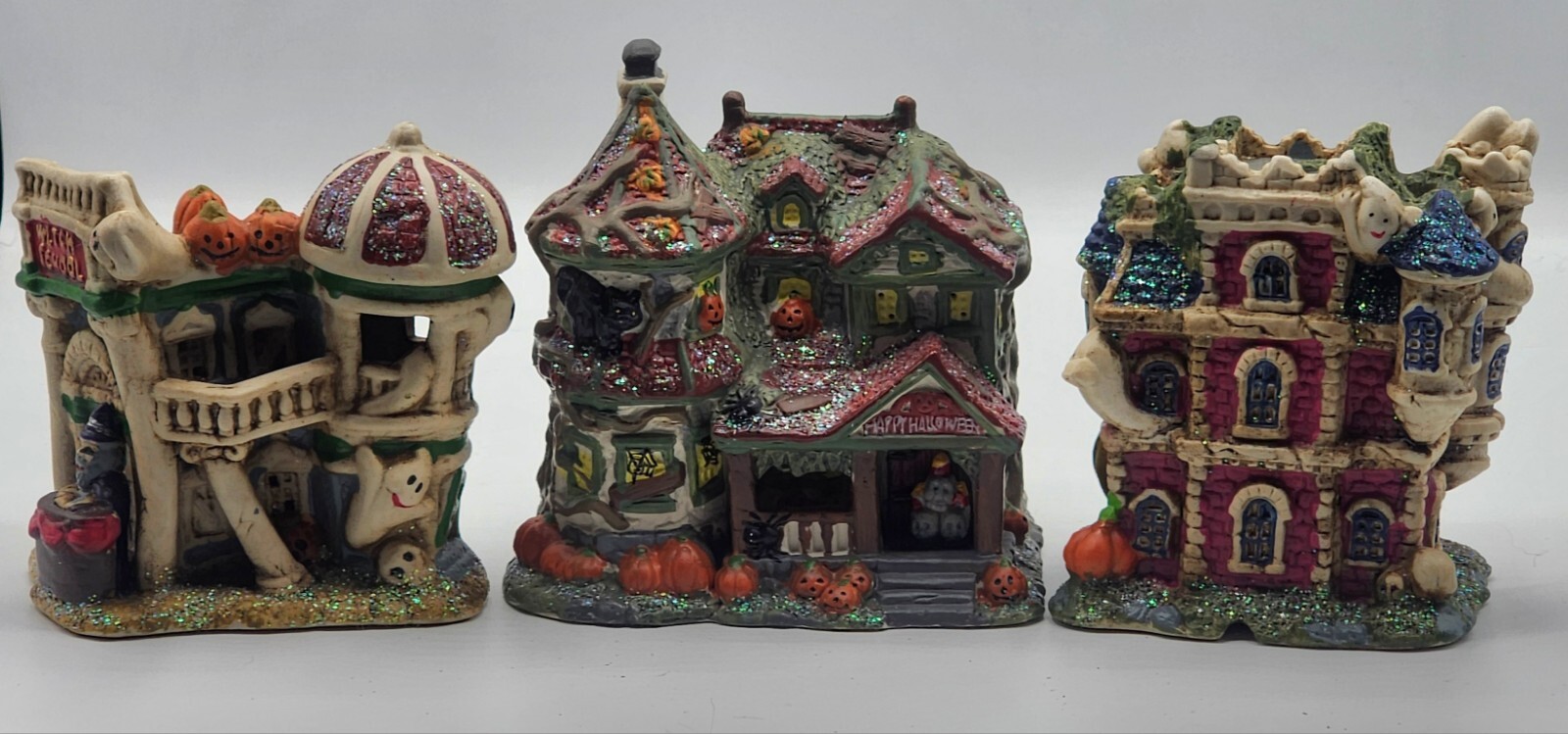 Set of 3 Halloween Village Ceramic Houses Lighted Decor 4x5in Lights Not Include