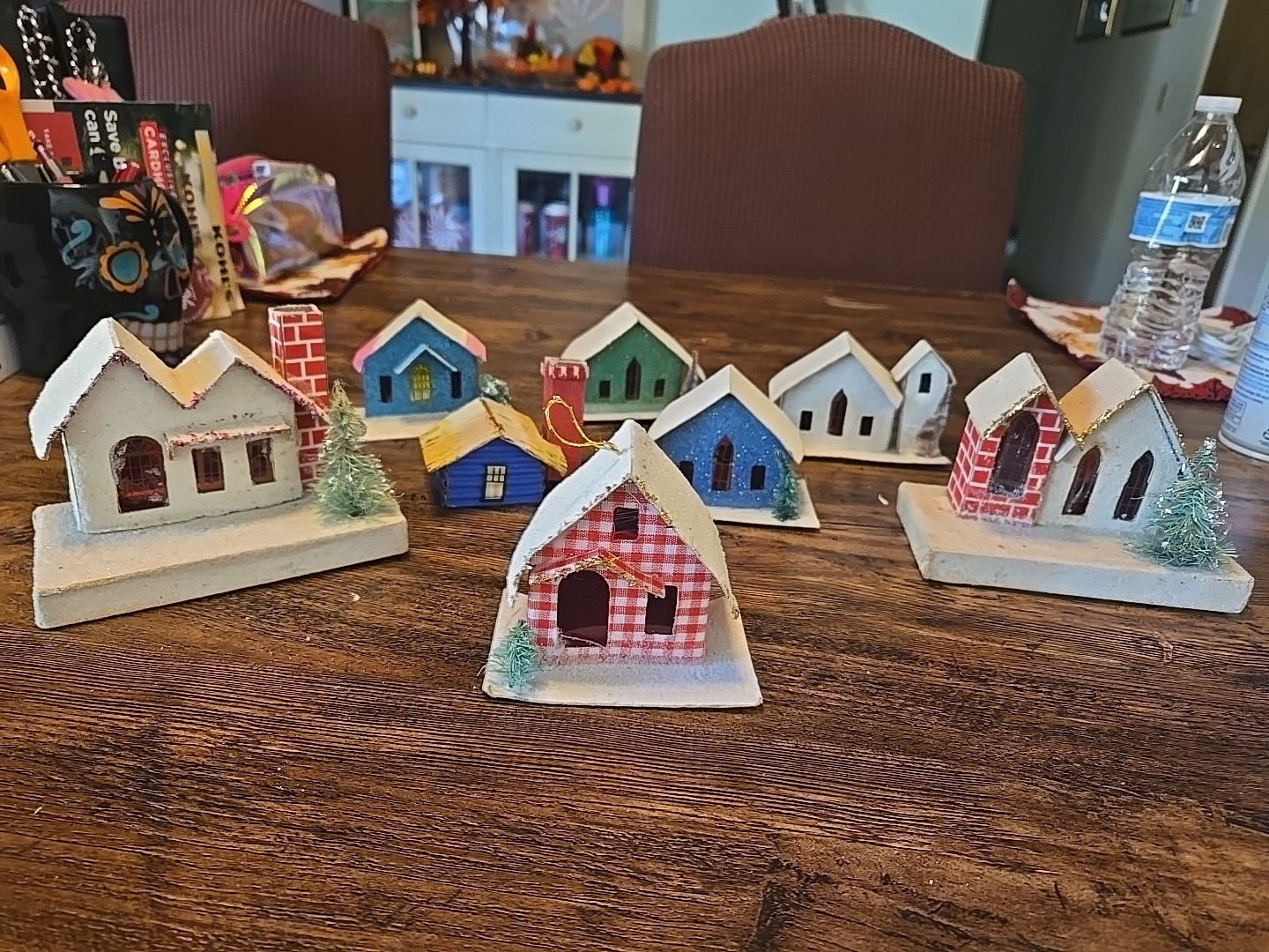 8 Pcs. Putz Christmas Village Cardboard Paper Mache Houses Japan/Twain 30s-50s