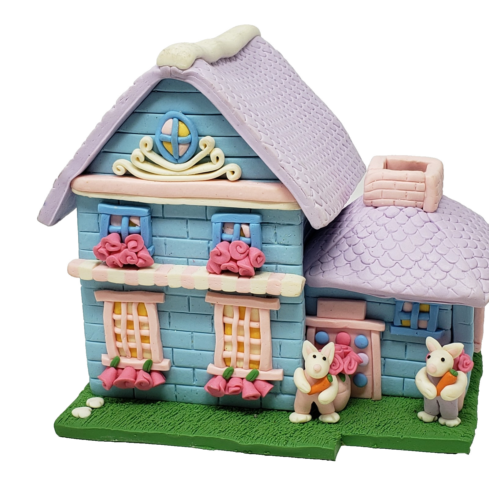 Easter Cottage House w/ Bunny Rabbits Flowers Spring Decor Polymer Clay Handmade