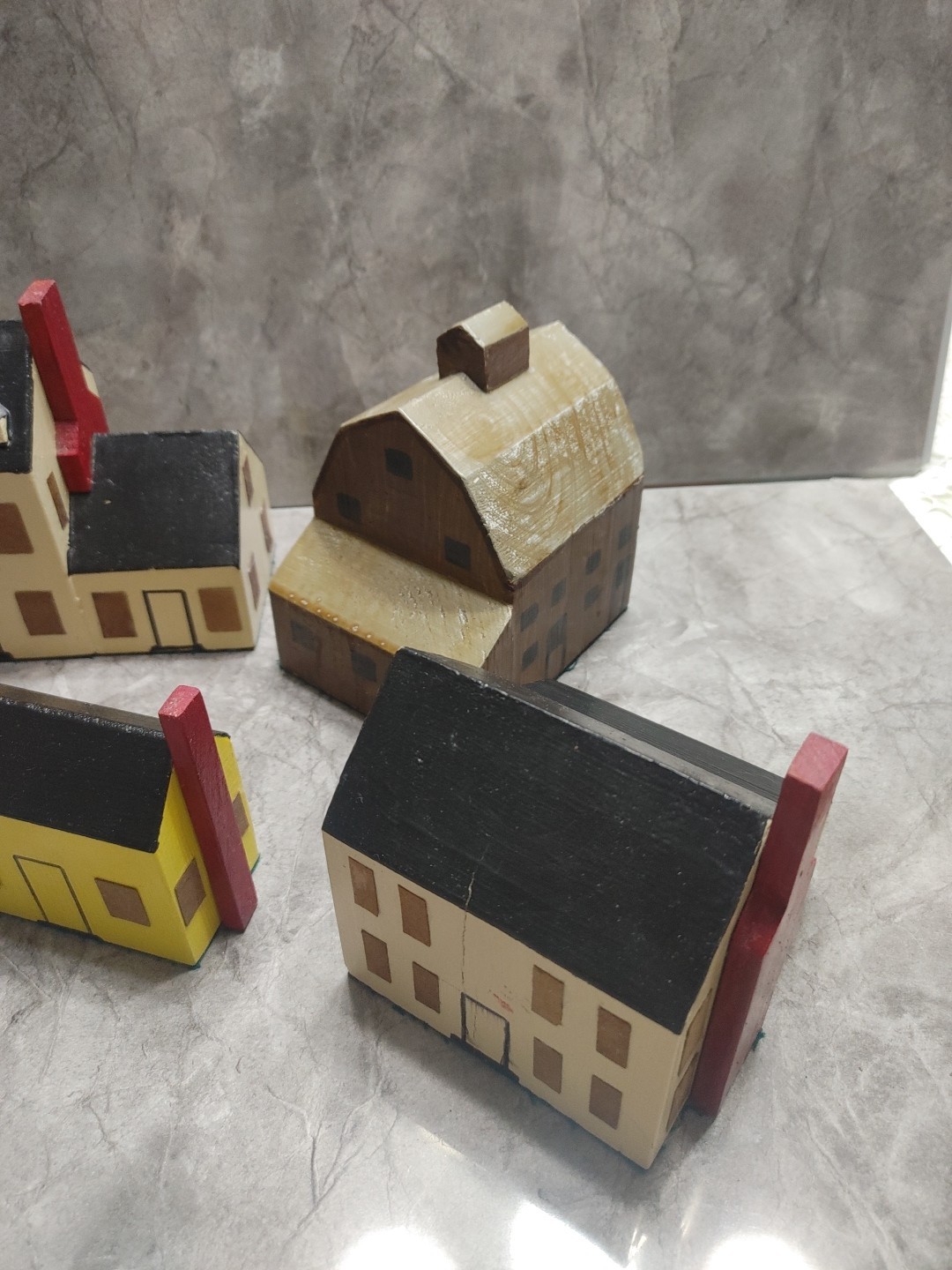 Primitive Folk Art Wood Block Village Houses Set Of 7 Handmade Painted Buildings