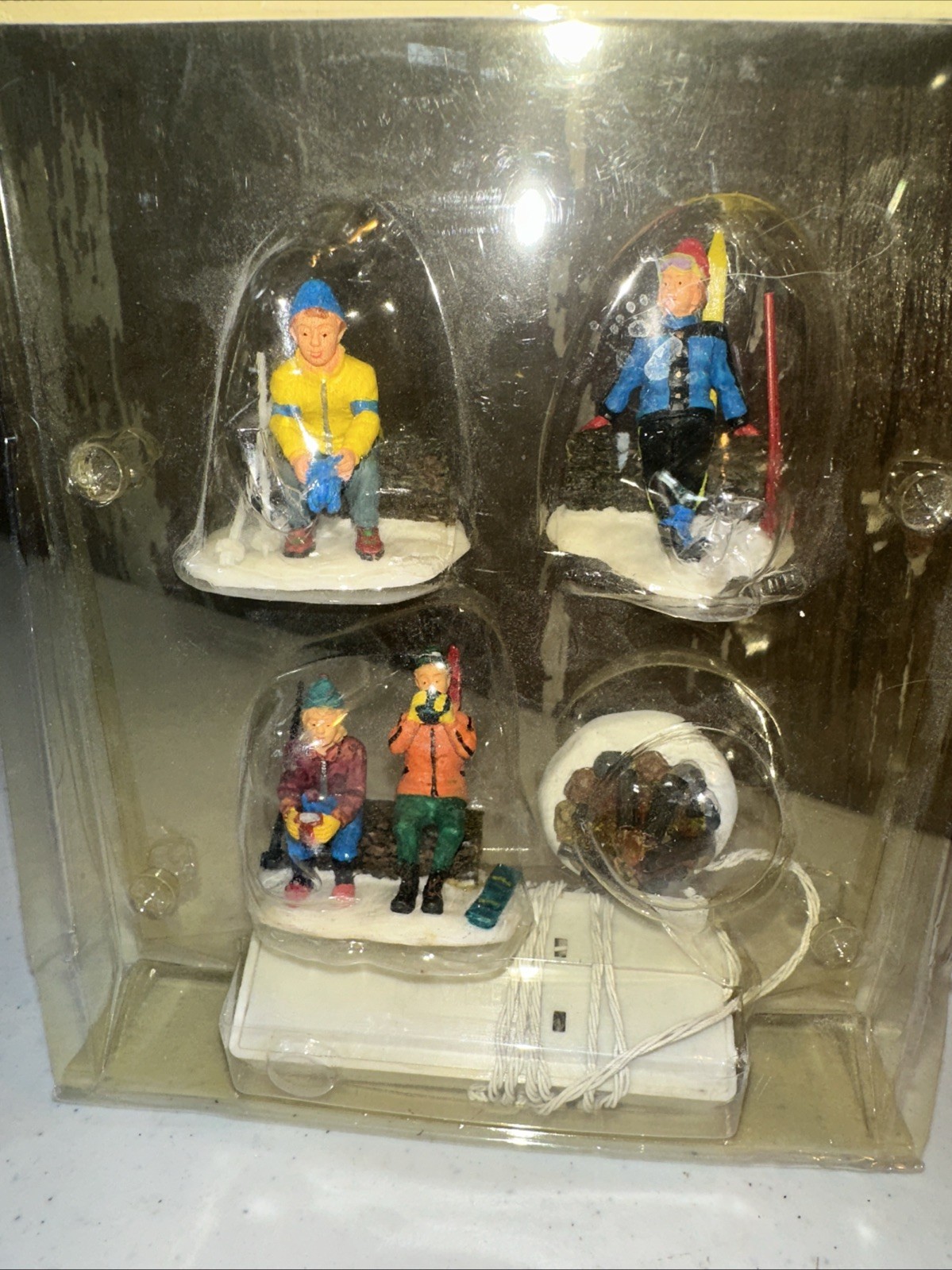 Vintage Lemax Skiers Campfire Set of 4 Christmas Village Figurines Tested Works