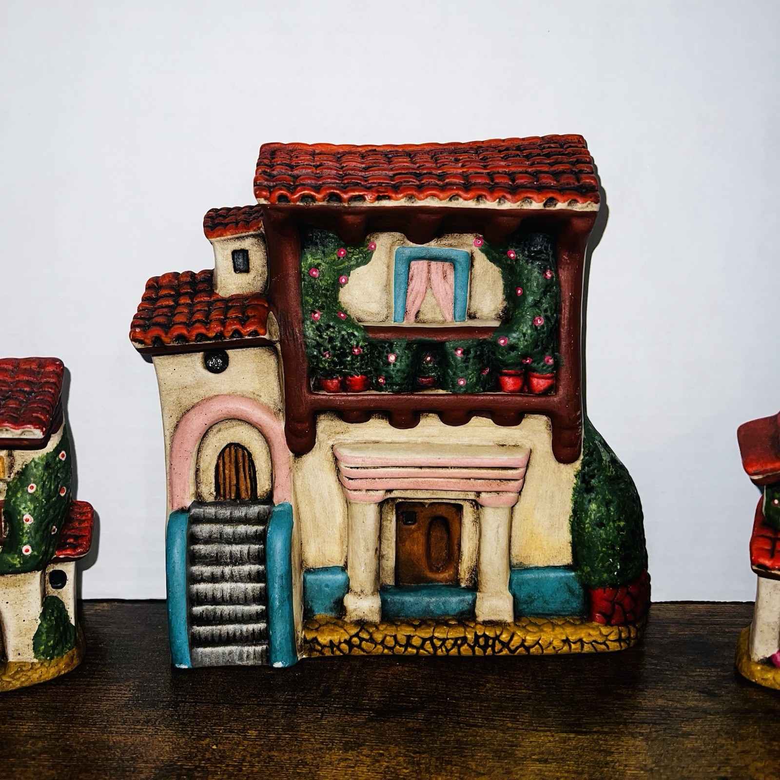 Lot of 3 Hand Painted Ceramic Italian Village Houses Red Roof Balcony Flowers