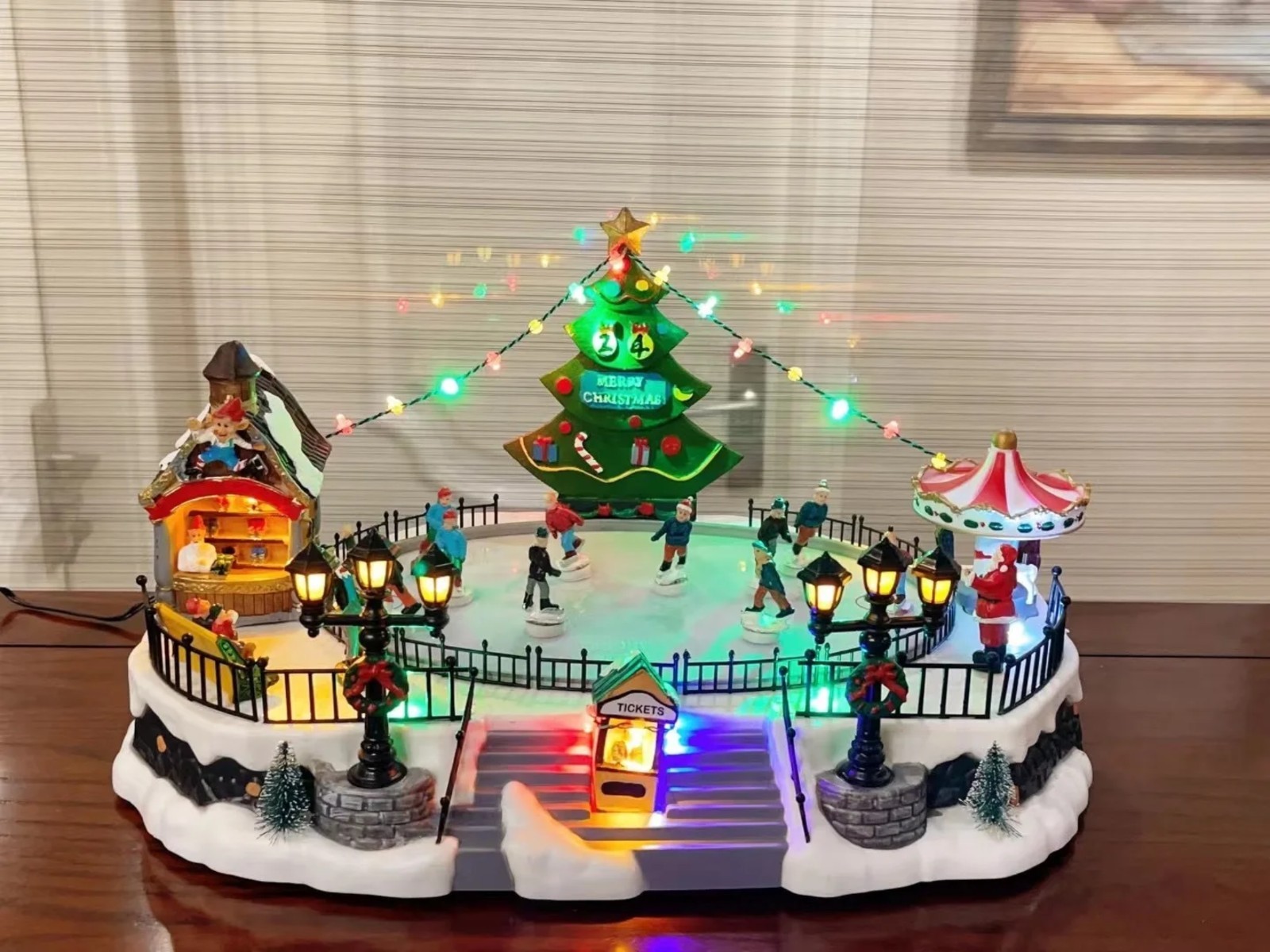 Animated Christmas Village Skating RinkIlluminated Scene with Music, Lights