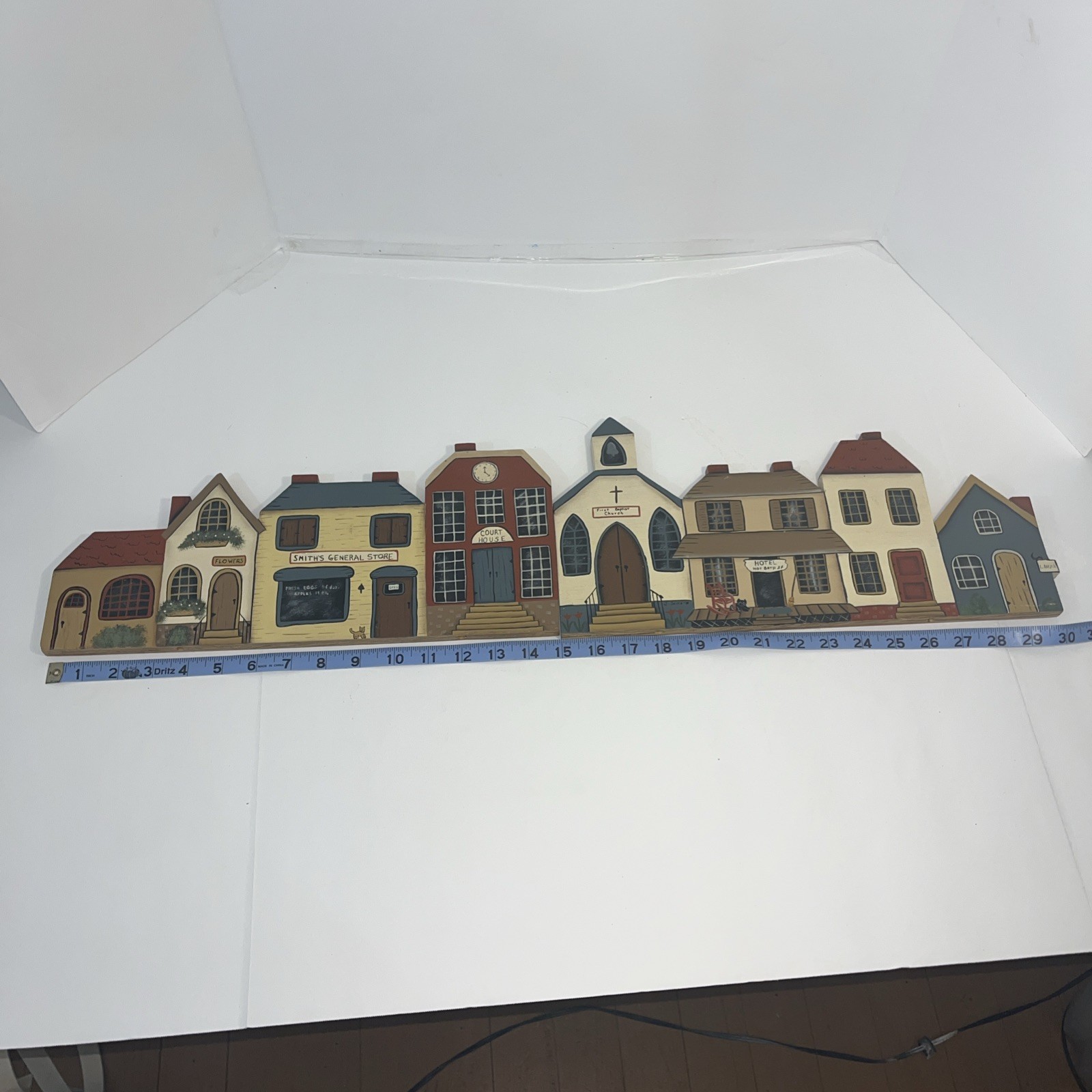 Hand painted Folkart Village 2 Pc. 30” When Put Together Signed By Artist 1990