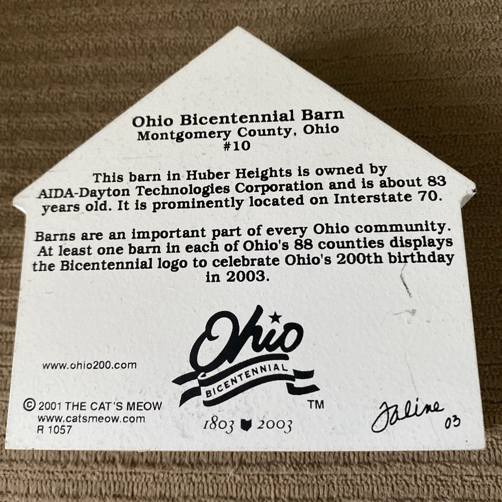 Cat’s Meow Ohio Bicentennial Barn Montgomery County #10 Wooden Shelf Sitter