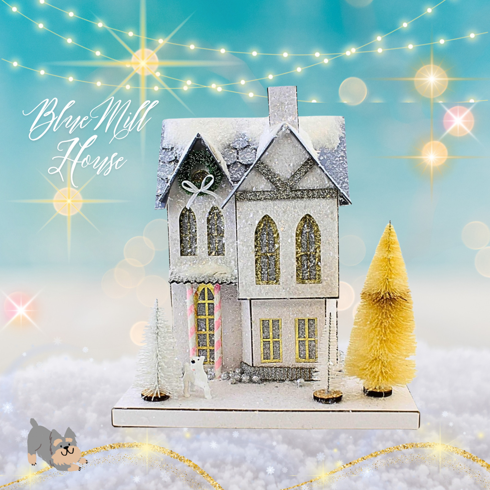 Cody Foster Holiday Village House Large 11″ Putz Blue Mill Dog Sisal Trees