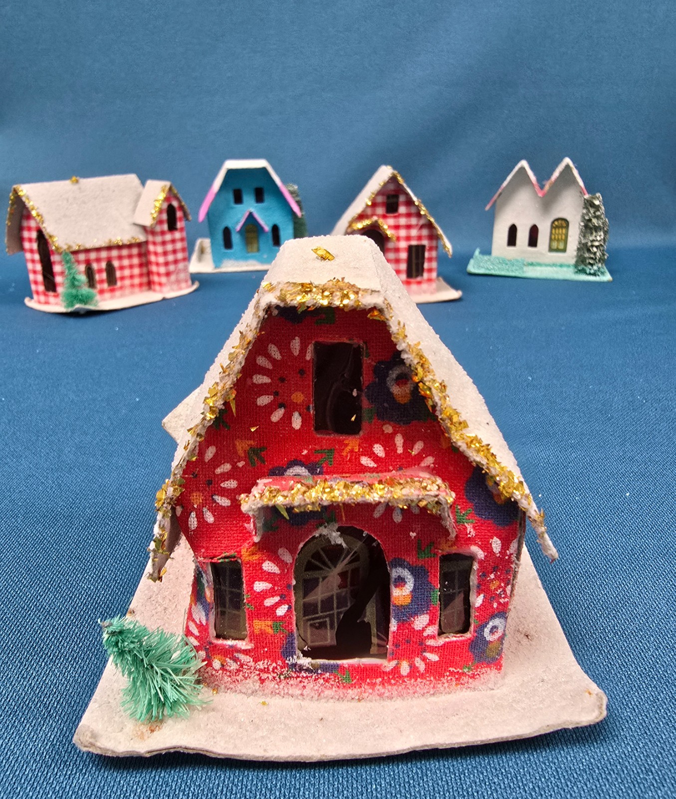 Vintage lot of 6 Putz Mica Christmas Houses Cardboard Made in Japan & Taiwan